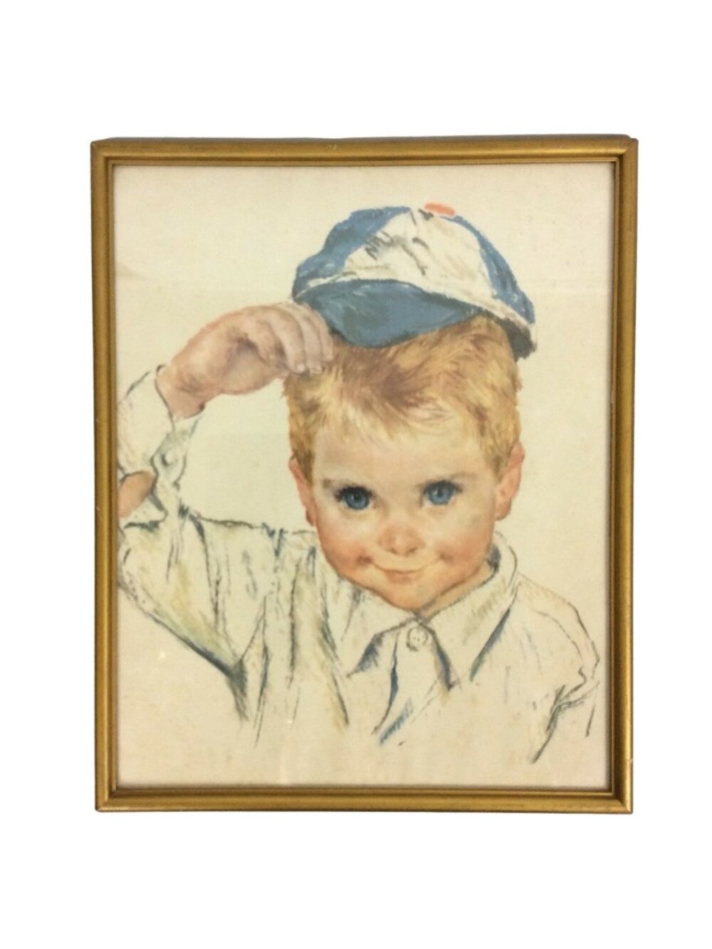 Vintage Frances Hook All American Boys Print Boy in Baseball Cap Framed 1950s